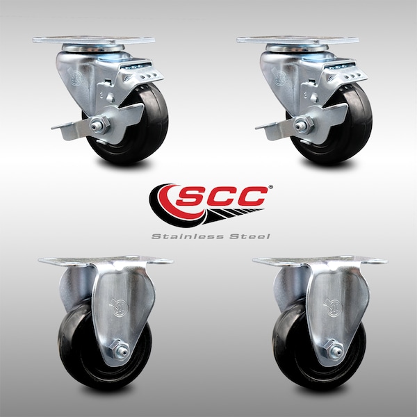 3.5 Inch SS Hard Rubber Wheel Swivel Top Plate Caster Set with 2 Brake 2 Rigid